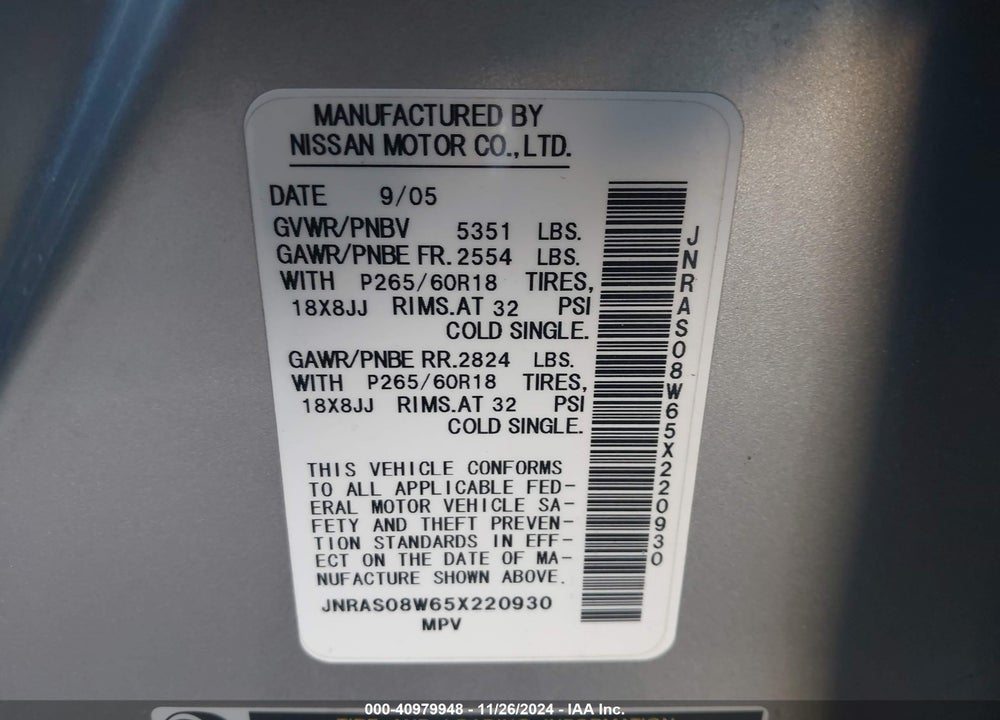 2005 INFINITI FX35 VIN: JNRAS08W65X220930