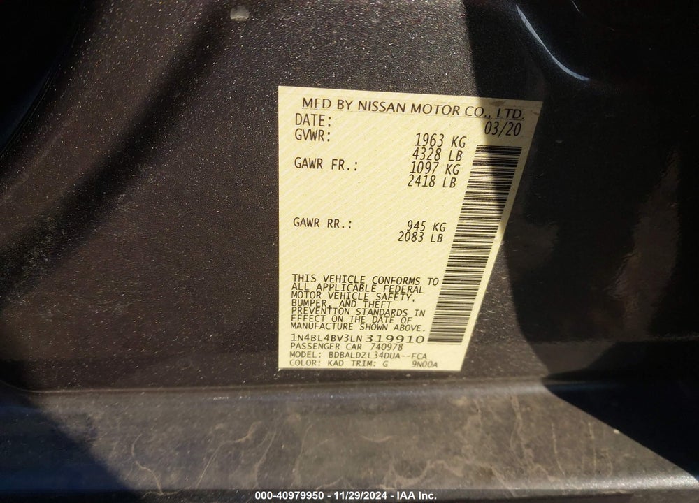 2020 NISSAN ALTIMA S FWD VIN: 1N4BL4BV3LN319910