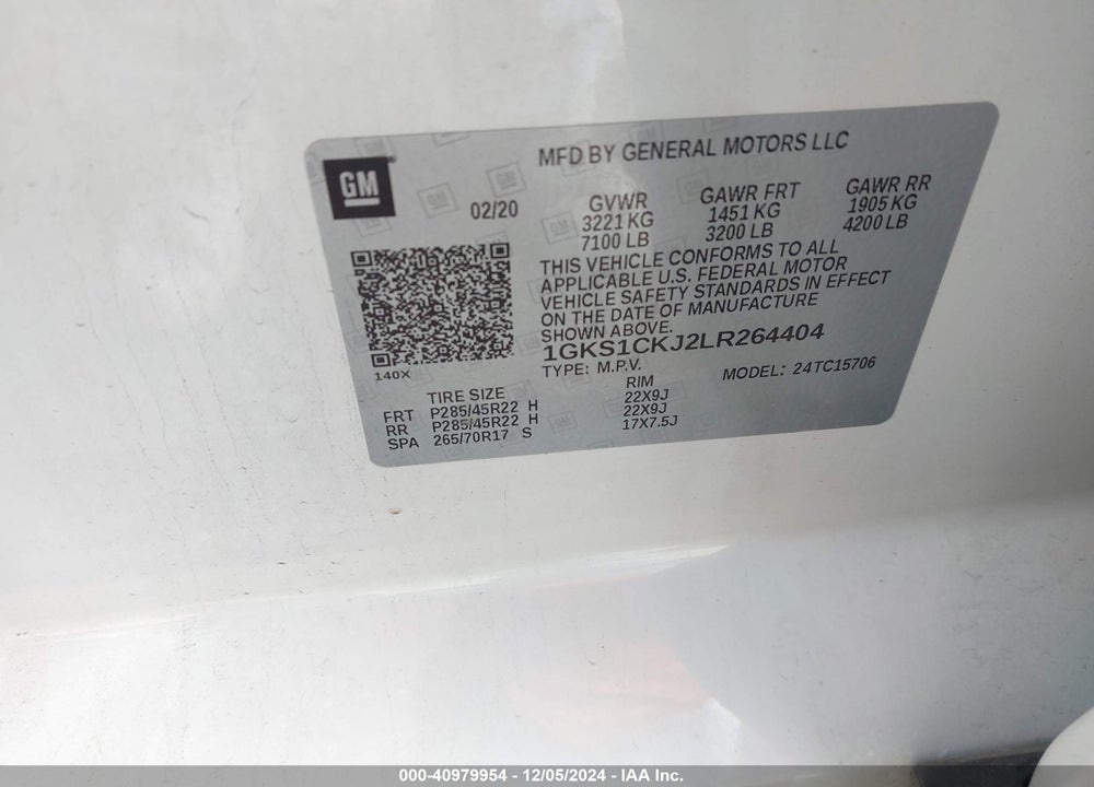 2020 GMC YUKON 2WD DENALI VIN: 1GKS1CKJ2LR264404