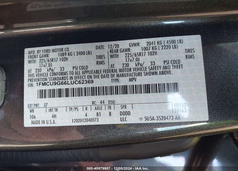 2020 FORD ESCAPE SE VIN: 1FMCU9G66LUC62369