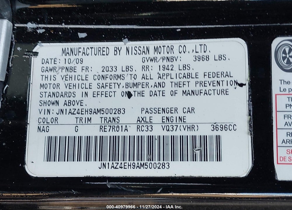 2010 NISSAN 370Z VIN: JN1AZ4EH9AM500283
