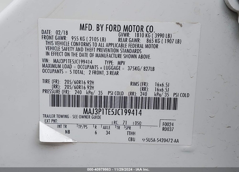 2018 FORD ECOSPORT SE VIN: MAJ3P1TE5JC199414