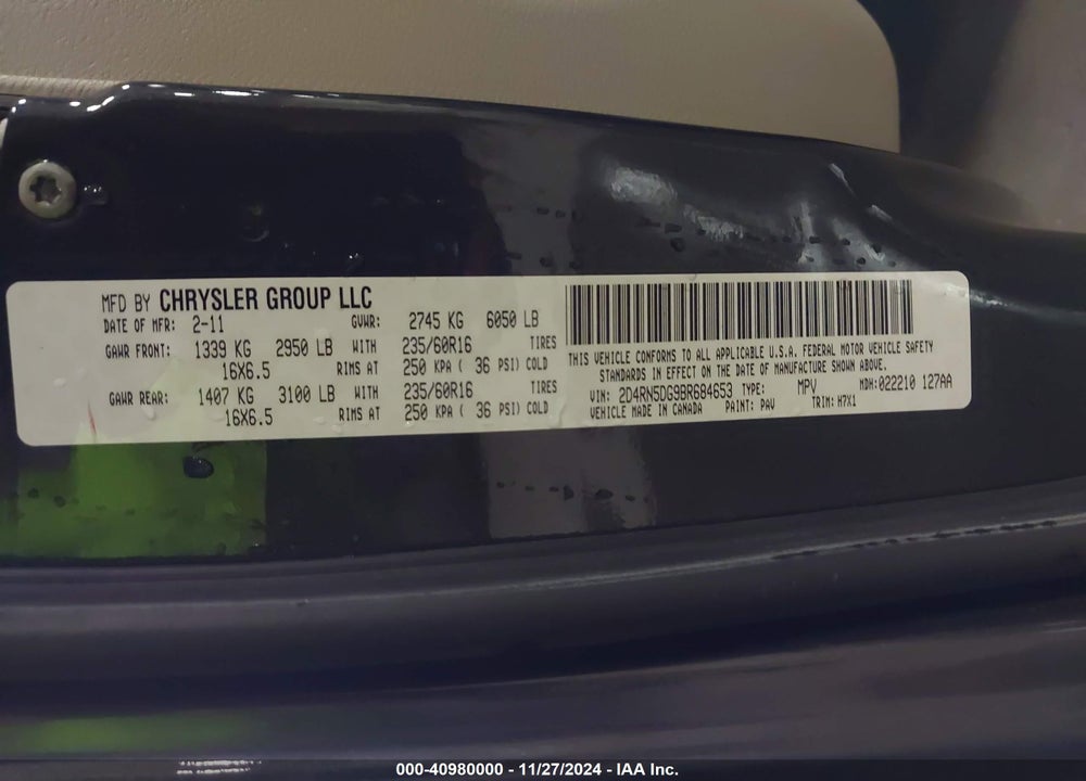 2011 DODGE GRAND CARAVAN CREW VIN: 2D4RN5DG9BR684653