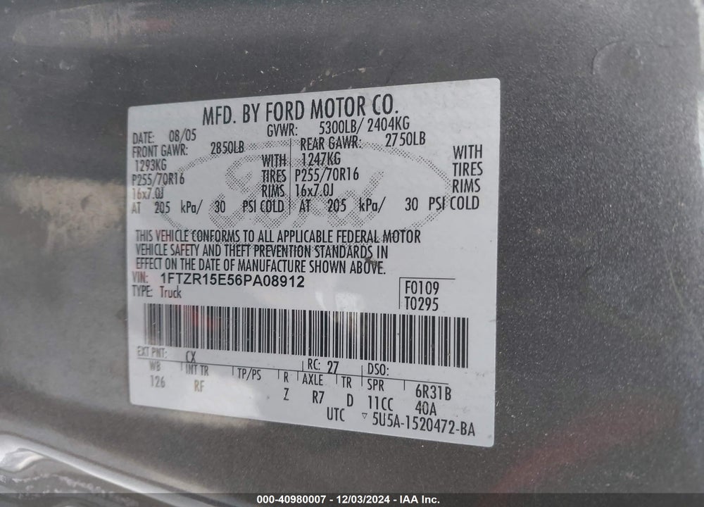 2006 FORD RANGER FX4 OFF-ROAD/SPORT/XL/XLT VIN: 1FTZR15E56PA08912