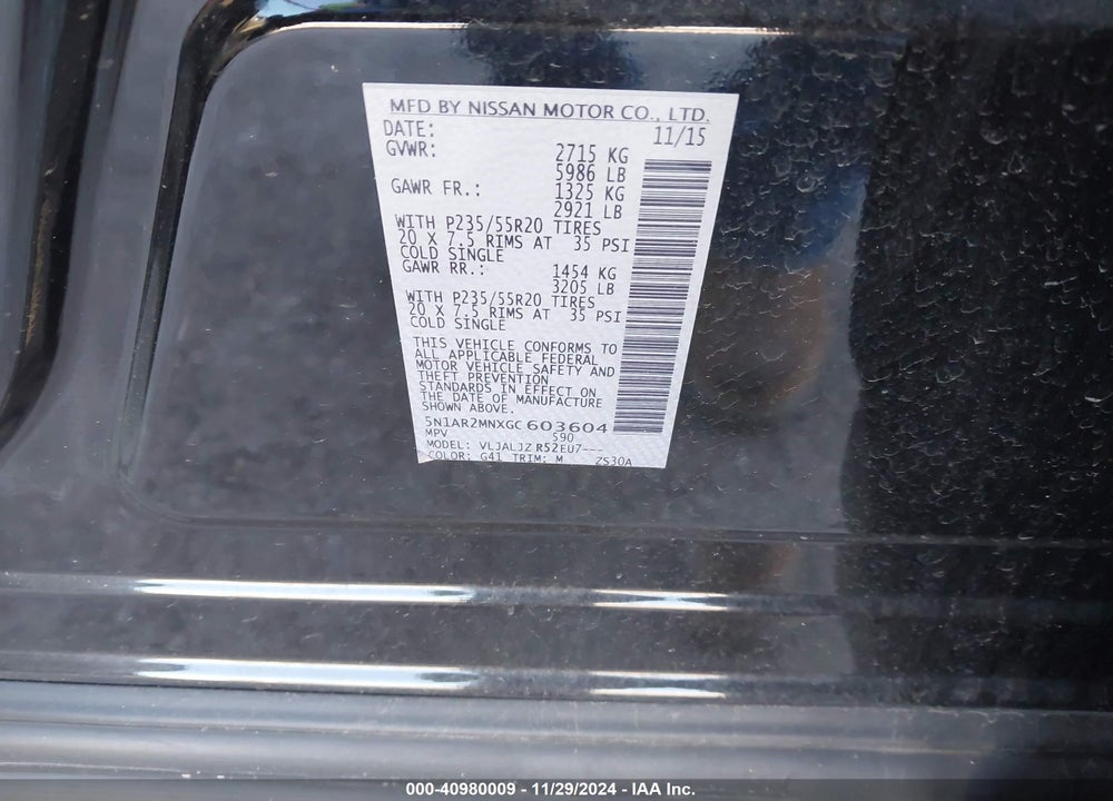 2016 NISSAN PATHFINDER PLATINUM VIN: 5N1AR2MNXGC603604
