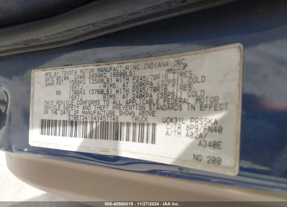2004 TOYOTA TUNDRA SR5 V8 VIN: 5TBET34184S457748