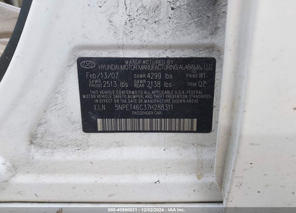 2007 HYUNDAI SONATA GLS VIN: 5NPET46C37H288311