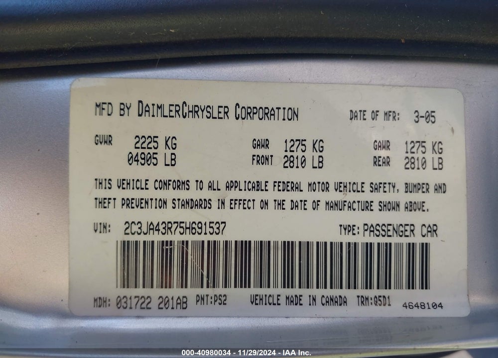 2005 CHRYSLER 300 VIN: 2C3JA43R75H691537