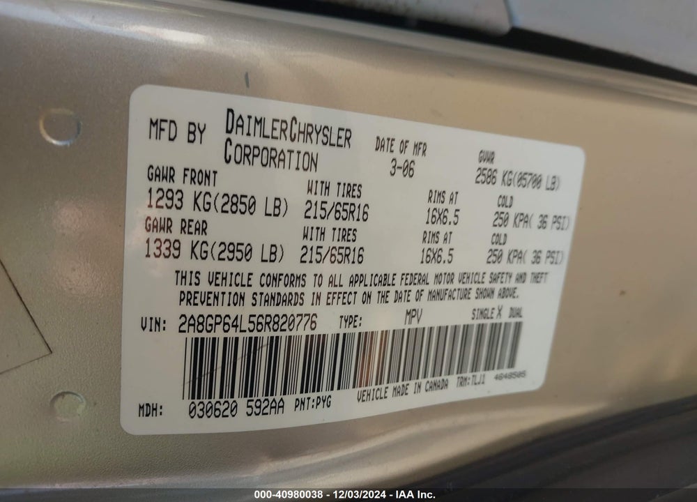 2006 CHRYSLER TOWN & COUNTRY LIMITED VIN: 2A8GP64L56R820776