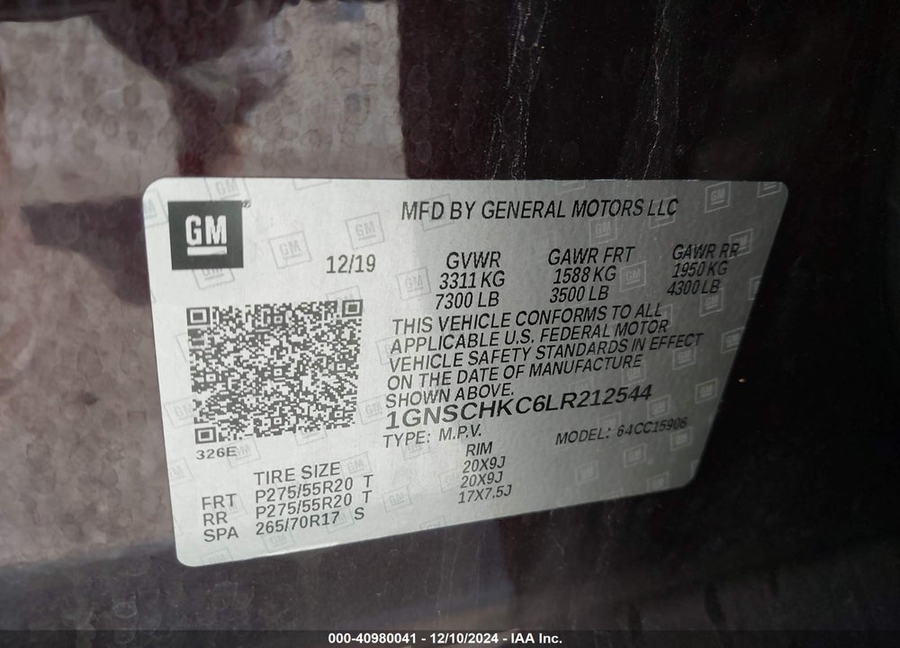 2020 CHEVROLET SUBURBAN 2WD LT VIN: 1GNSCHKC6LR212544