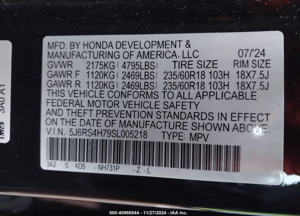 2025 HONDA CR-V EX-L AWD VIN: 5J6RS4H79SL005218