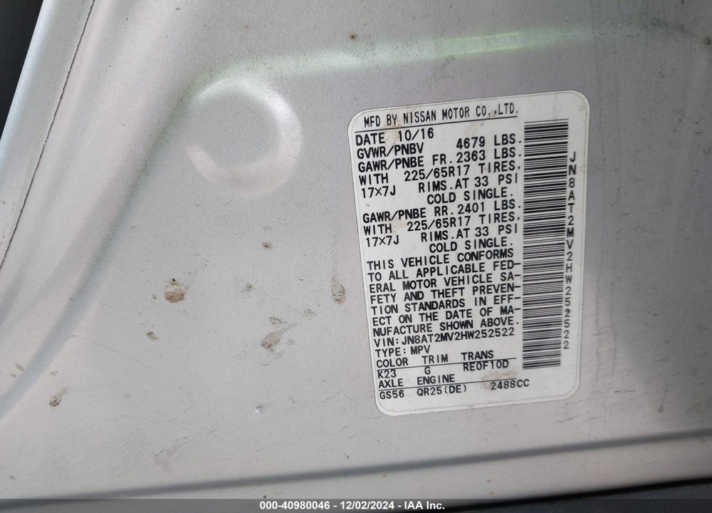2017 NISSAN ROGUE SV VIN: JN8AT2MV2HW252522