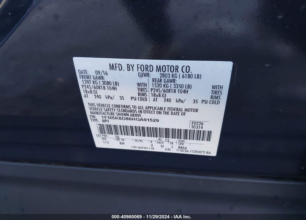 2017 FORD EXPLORER XLT VIN: 1FM5K8D86HGA91529