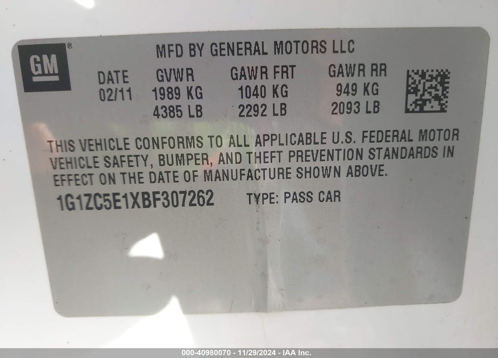2011 CHEVROLET MALIBU 1LT VIN: 1G1ZC5E1XBF307262