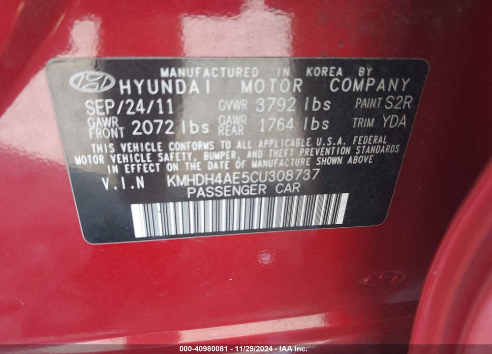 2012 HYUNDAI ELANTRA GLS (ULSAN PLANT) VIN: KMHDH4AE5CU308737