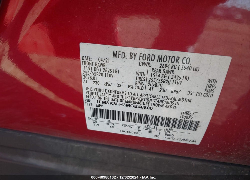 2021 FORD EXPLORER LIMITED VIN: 1FMSK8FH3MGB48800