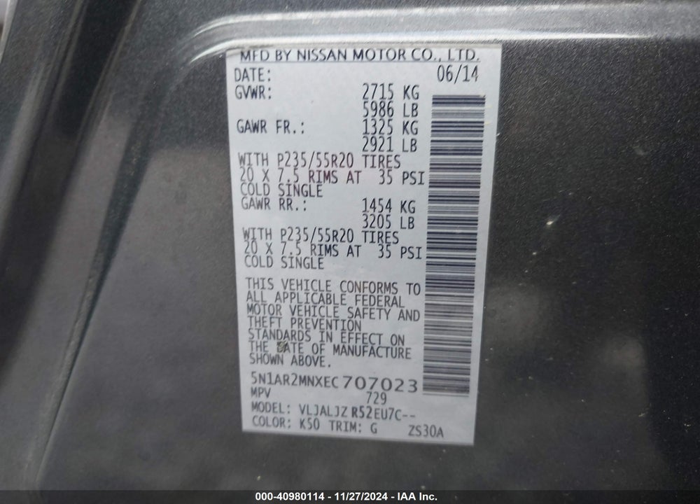 2014 NISSAN PATHFINDER PLATINUM VIN: 5N1AR2MNXEC707023
