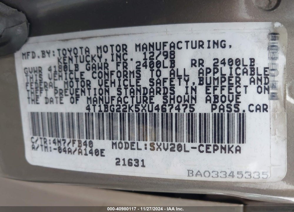 1999 TOYOTA CAMRY LE VIN: 4T1BG22K5XU467475