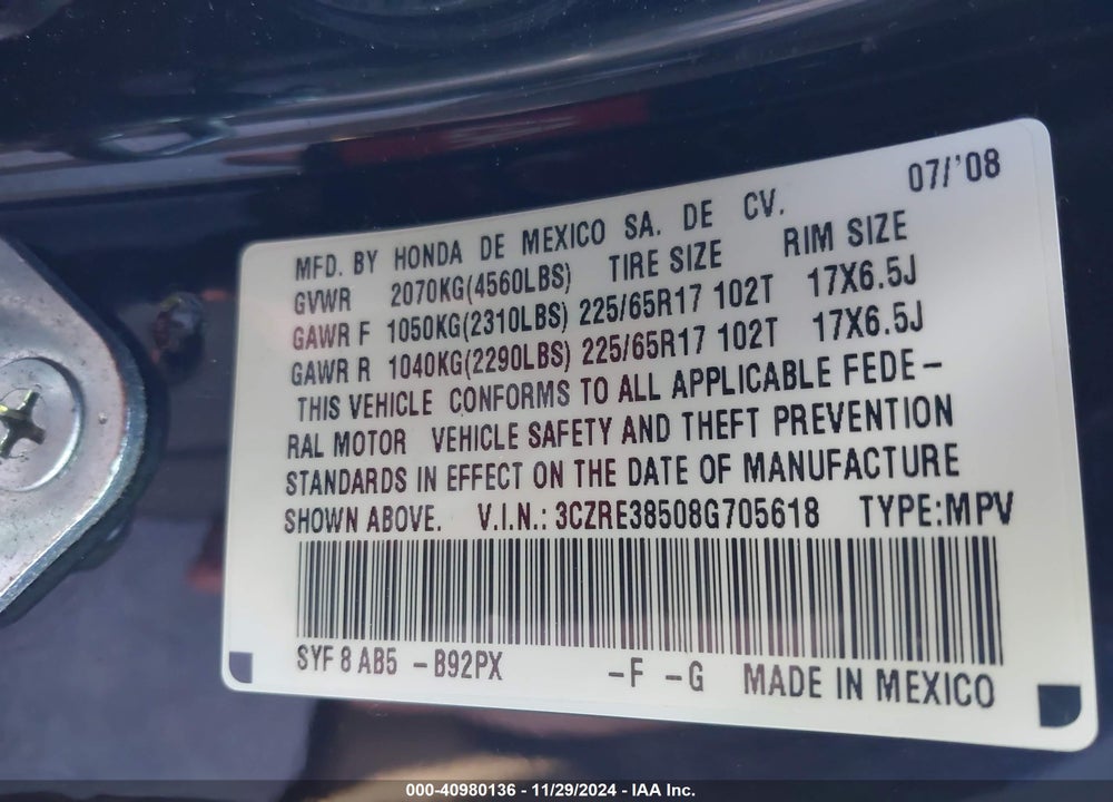 2008 HONDA CR-V EX VIN: 3CZRE38508G705618