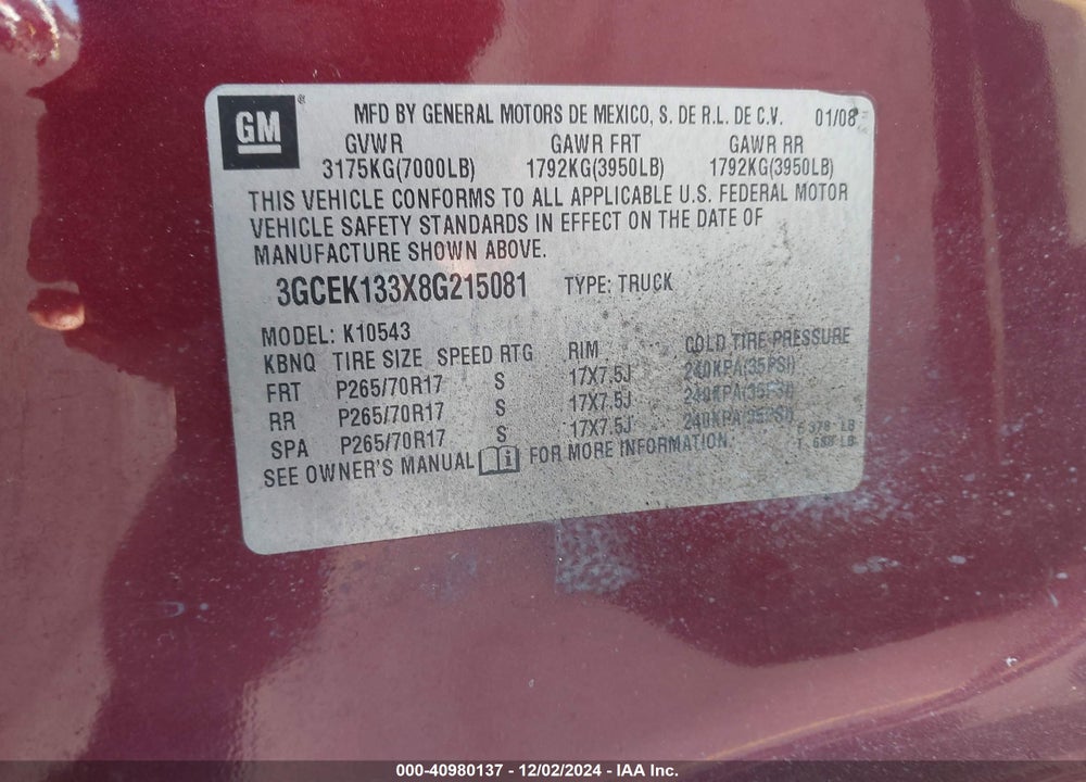 2008 CHEVROLET SILVERADO 1500 LT1 VIN: 3GCEK133X8G215081