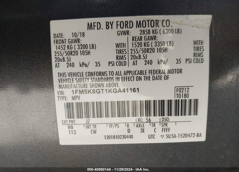 2019 FORD EXPLORER SPORT VIN: 1FM5K8GT1KGA41161