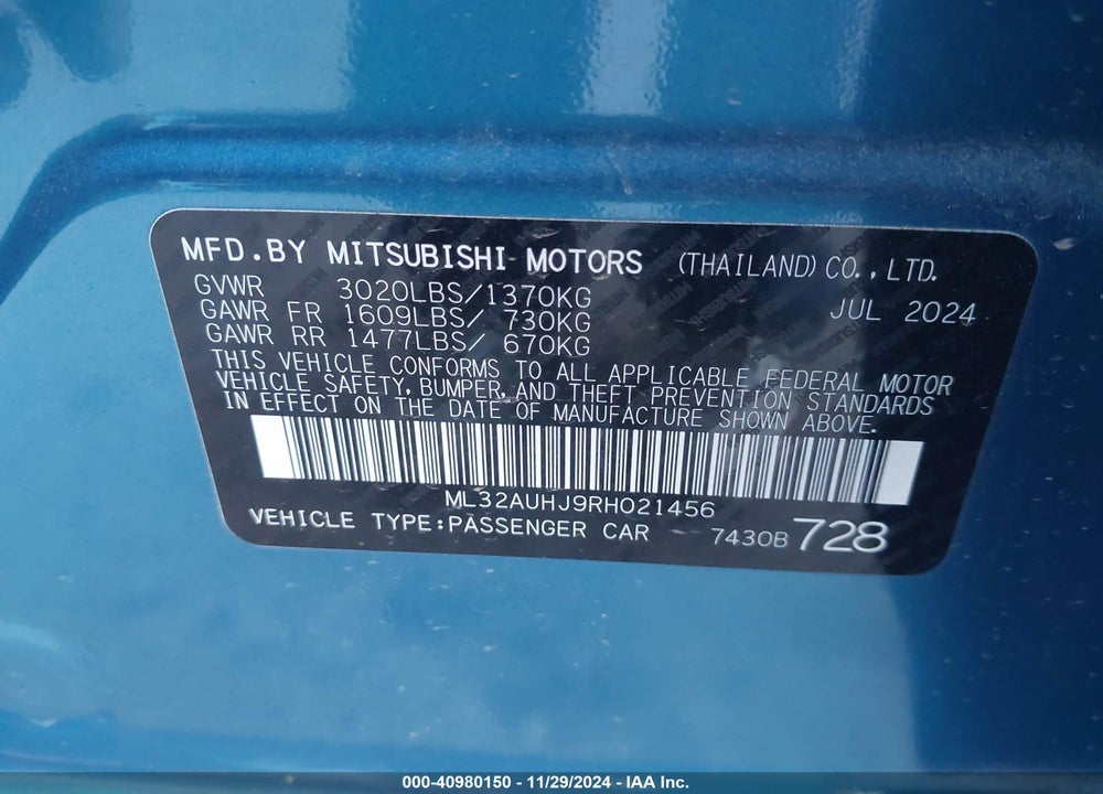 2024 MITSUBISHI MIRAGE ES/LE VIN: ML32AUHJ9RH021456