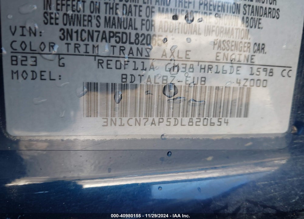 2013 NISSAN VERSA 1.6 SV VIN: 3N1CN7AP5DL820654