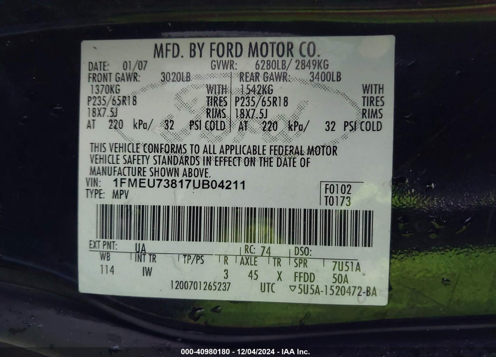 2007 FORD EXPLORER XLT VIN: 1FMEU73817UB04211