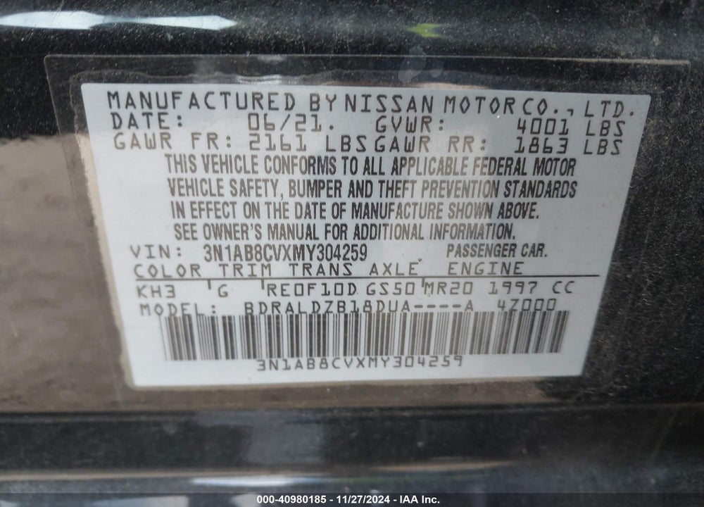 2021 NISSAN SENTRA SV XTRONIC CVT VIN: 3N1AB8CVXMY304259