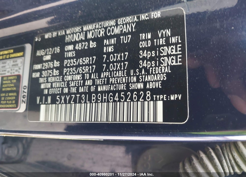 2017 HYUNDAI SANTA FE SPORT 2.4L VIN: 5XYZT3LB9HG452628