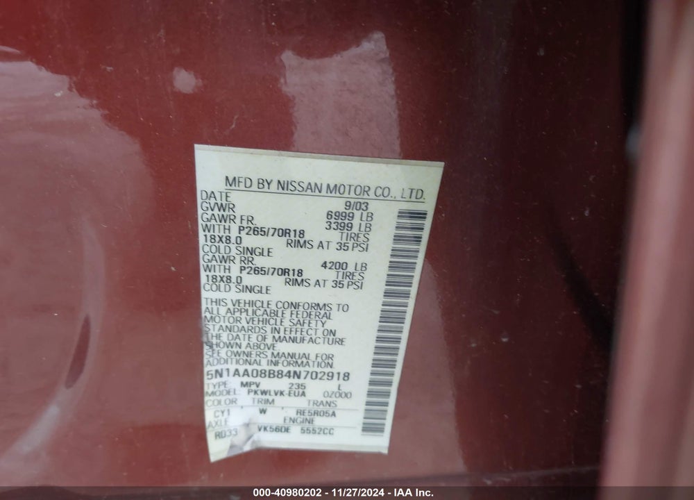 2004 NISSAN PATHFINDER ARMADA LE VIN: 5N1AA08B84N702918
