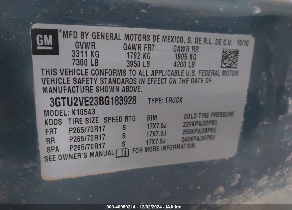 2011 GMC SIERRA 1500 SLE VIN: 3GTU2VE23BG183928