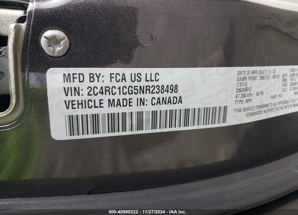 2022 CHRYSLER VOYAGER LX VIN: 2C4RC1CG5NR238498