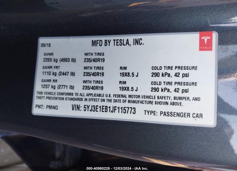 2018 TESLA MODEL 3 VIN: 5YJ3E1EB1JF115773