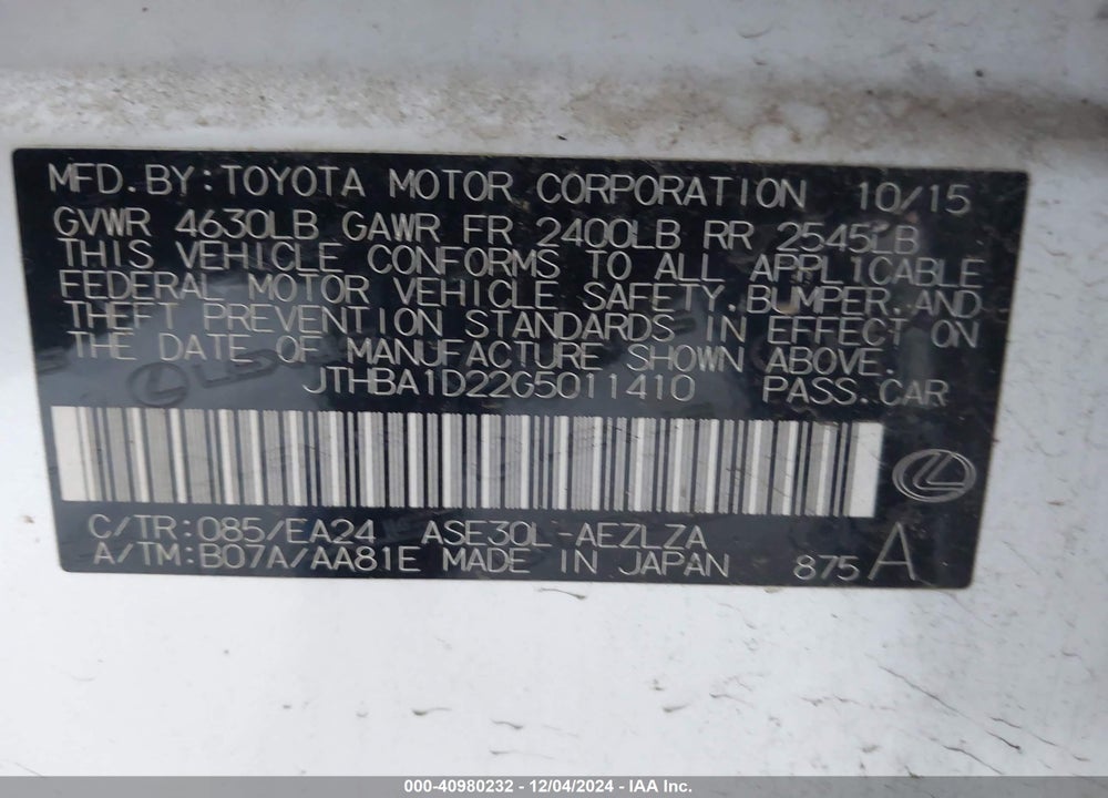2016 LEXUS IS 200T VIN: JTHBA1D22G5011410