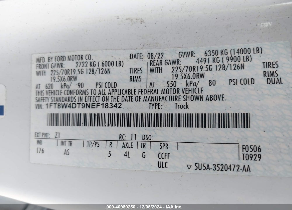 2022 FORD F-450 XL VIN: 1FT8W4DT9NEF18342
