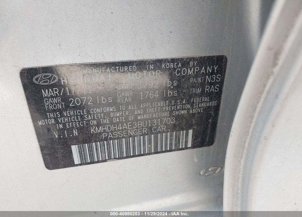 2011 HYUNDAI ELANTRA GLS (ULSAN PLANT) VIN: KMHDH4AE3BU131703