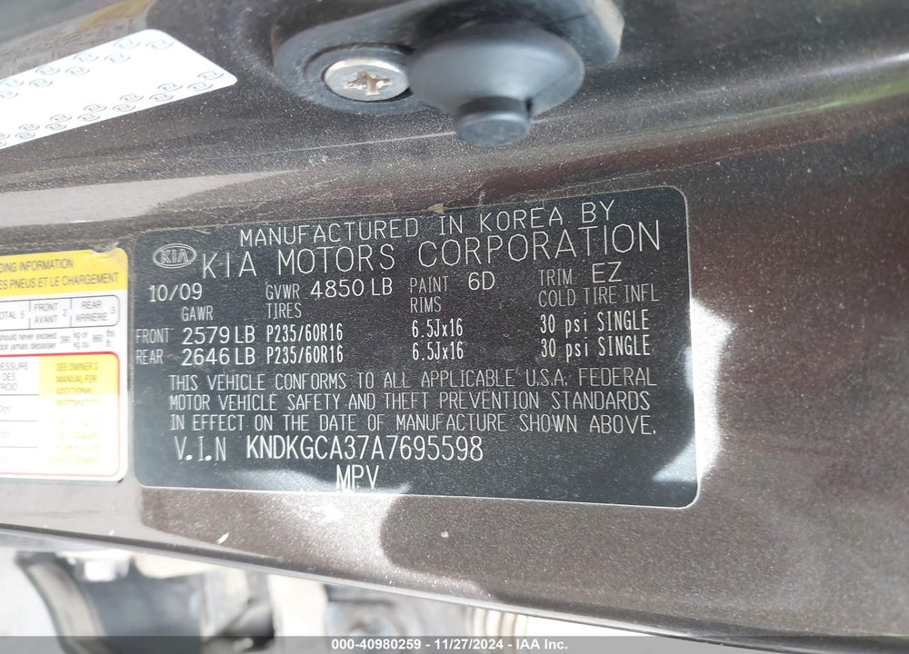 2010 KIA SPORTAGE LX V6 VIN: KNDKGCA37A7695598