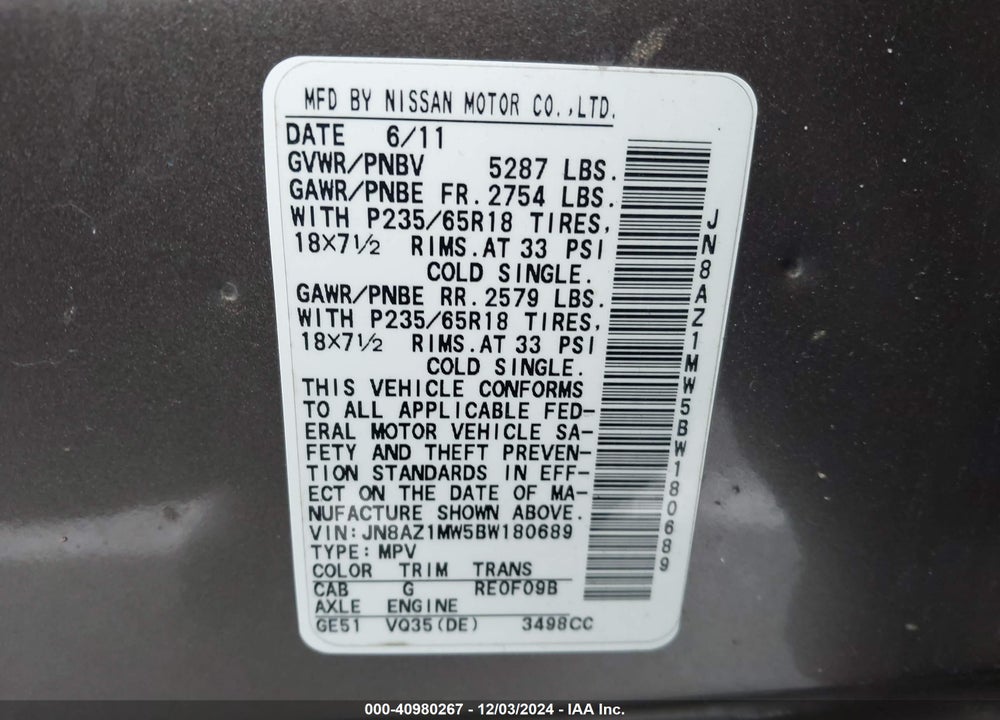 2011 NISSAN MURANO SL VIN: JN8AZ1MW5BW180689