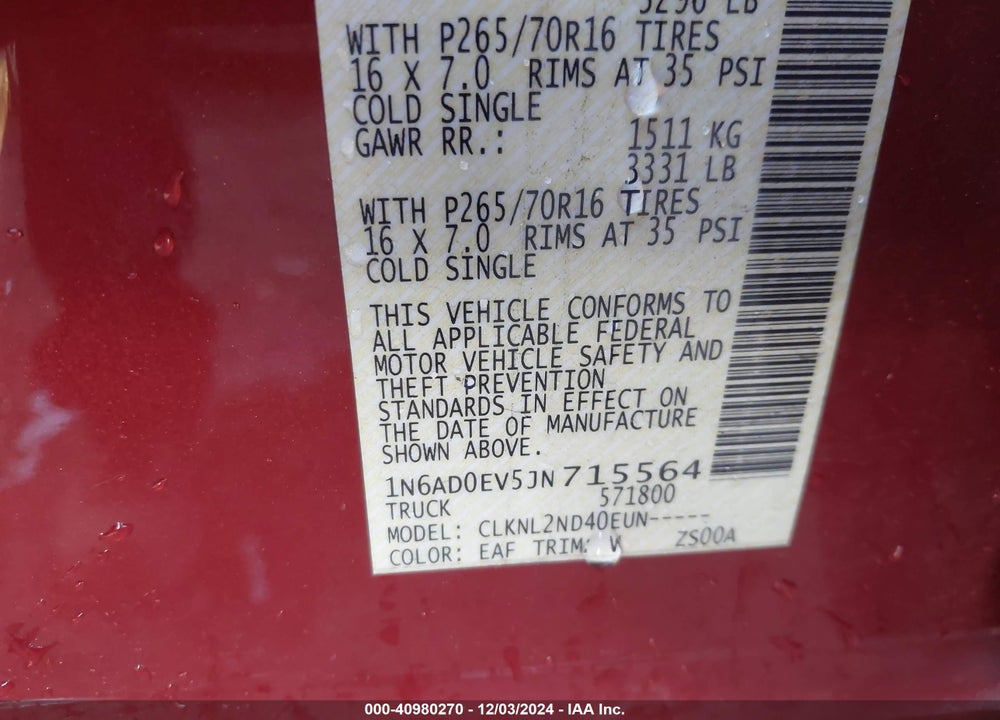 2018 NISSAN FRONTIER SV VIN: 1N6AD0EV5JN715564