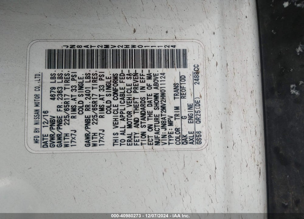 2017 NISSAN ROGUE S VIN: JN8AT2MV2HW011124