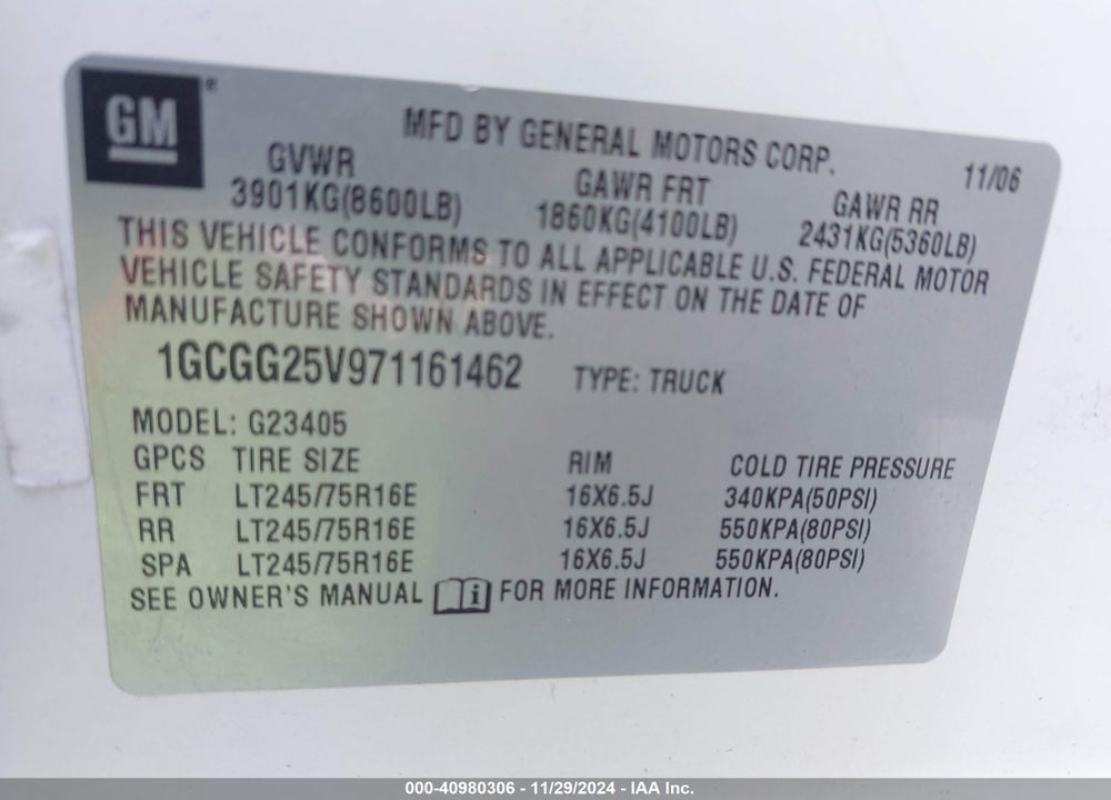 2007 CHEVROLET EXPRESS WORK VAN VIN: 1GCGG25V971161462