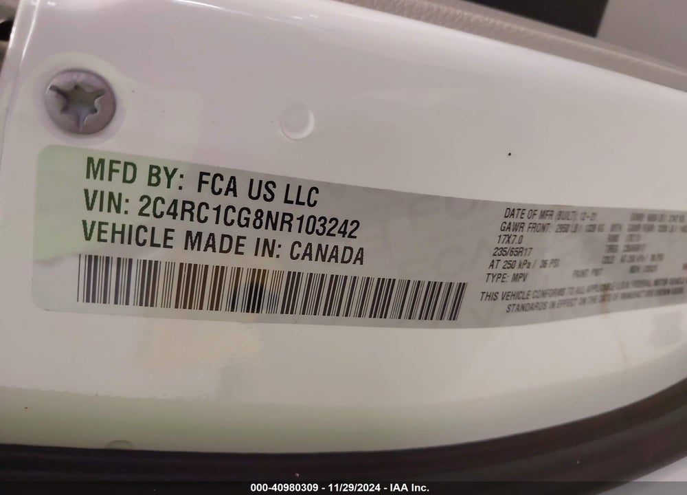 2022 CHRYSLER VOYAGER LX VIN: 2C4RC1CG8NR103242