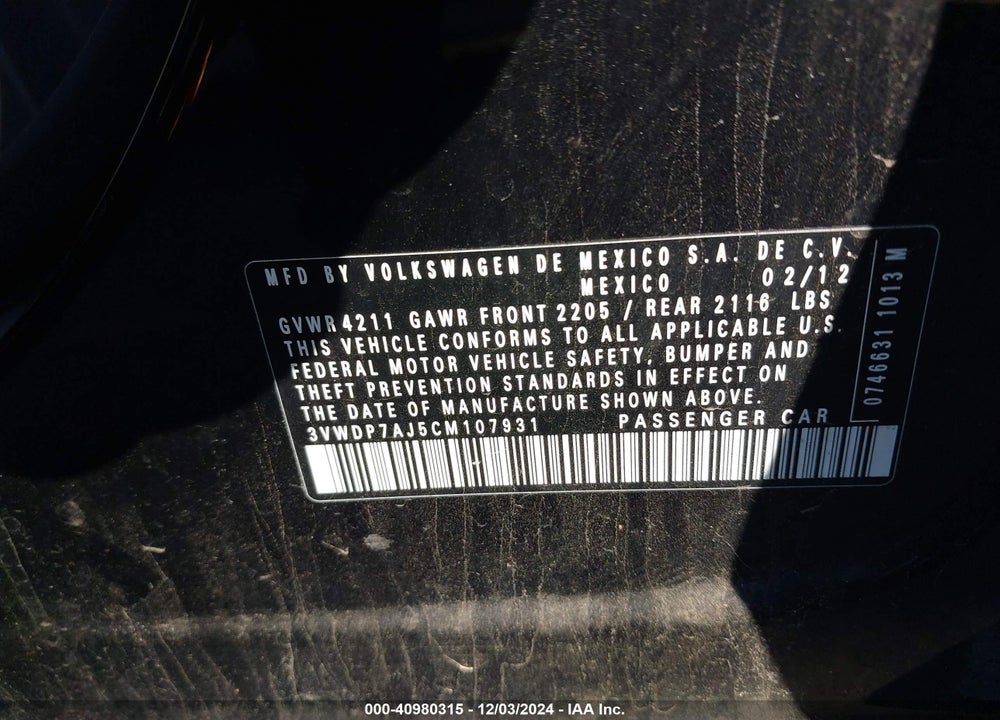 2012 VOLKSWAGEN JETTA 2.5L SE VIN: 3VWDP7AJ5CM107931