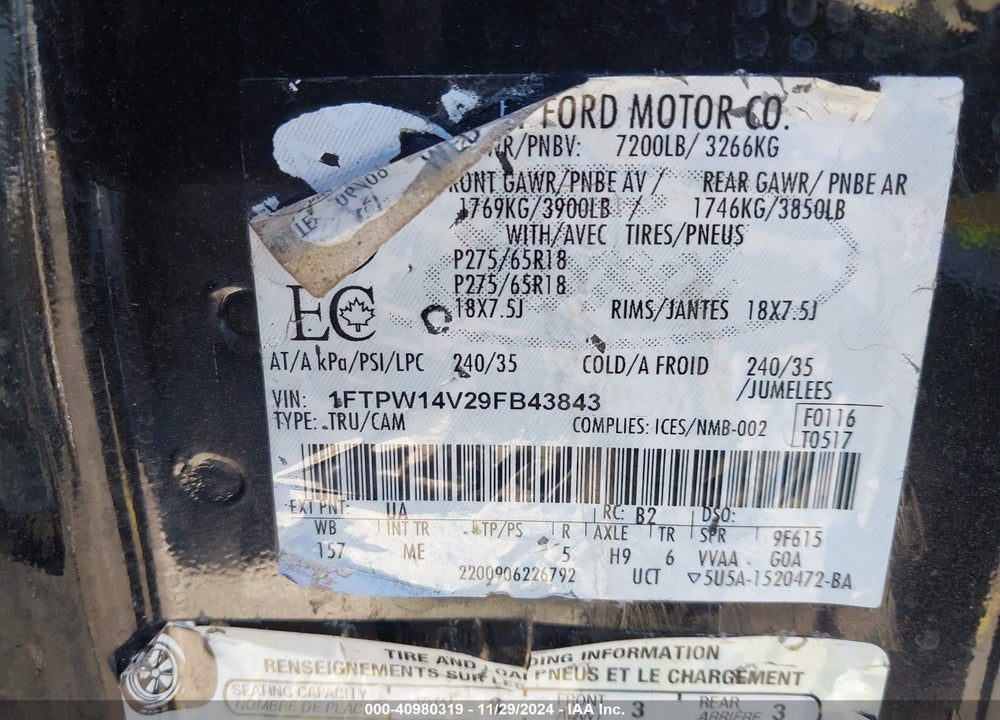 2009 FORD F-150 VIN: 1FTPW14V29FB43843