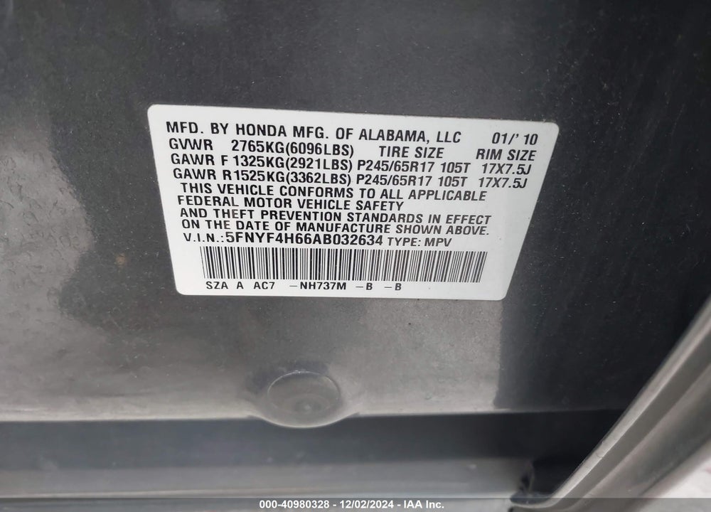 2010 HONDA PILOT EX-L VIN: 5FNYF4H66AB032634