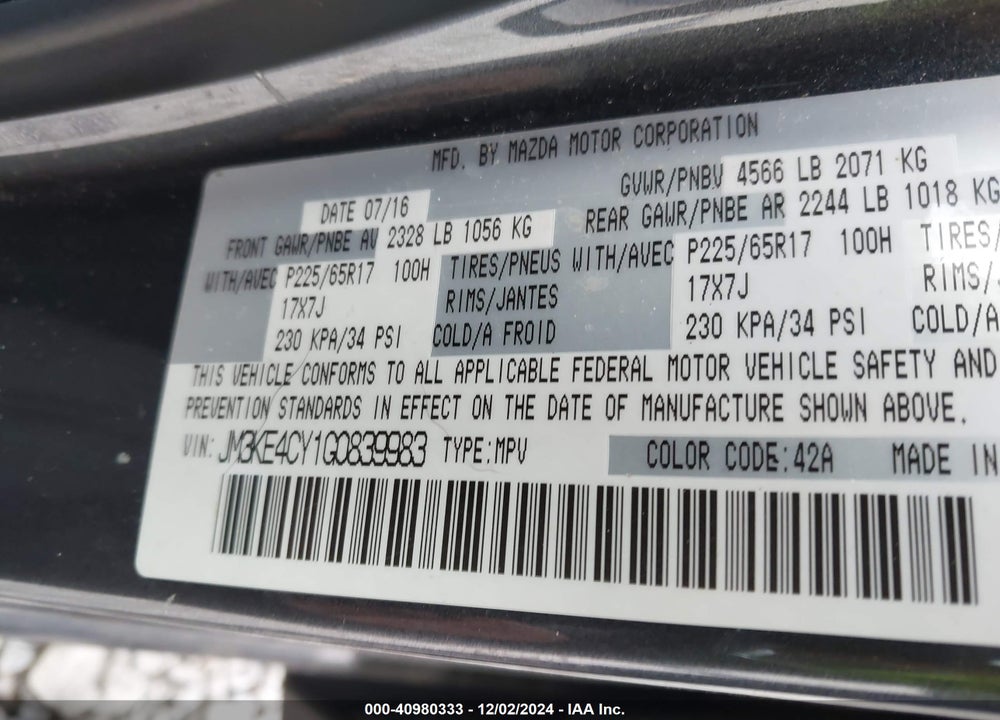 2016 MAZDA CX-5 TOURING VIN: JM3KE4CY1G0839983