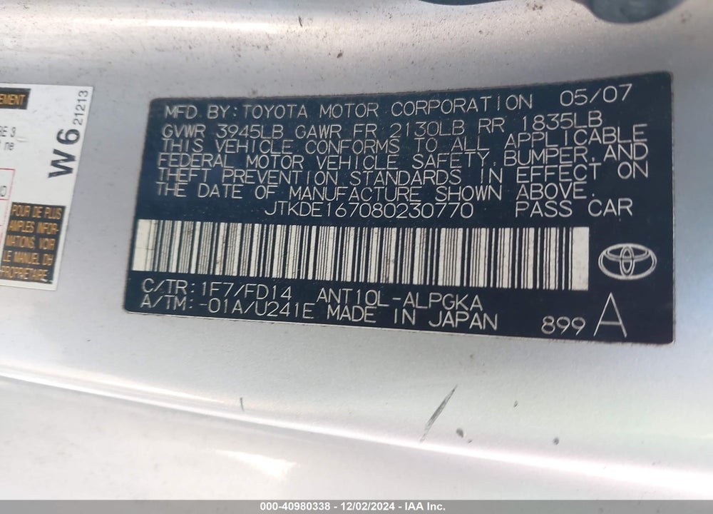 2008 SCION TC VIN: JTKDE167080230770