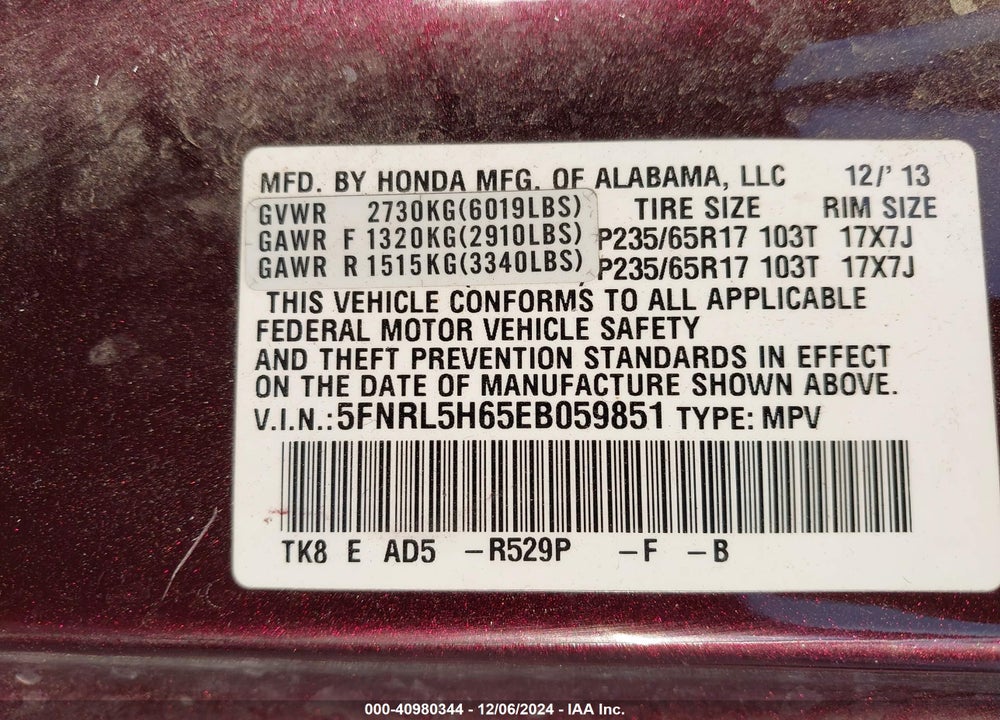 2014 HONDA ODYSSEY EX-L VIN: 5FNRL5H65EB059851