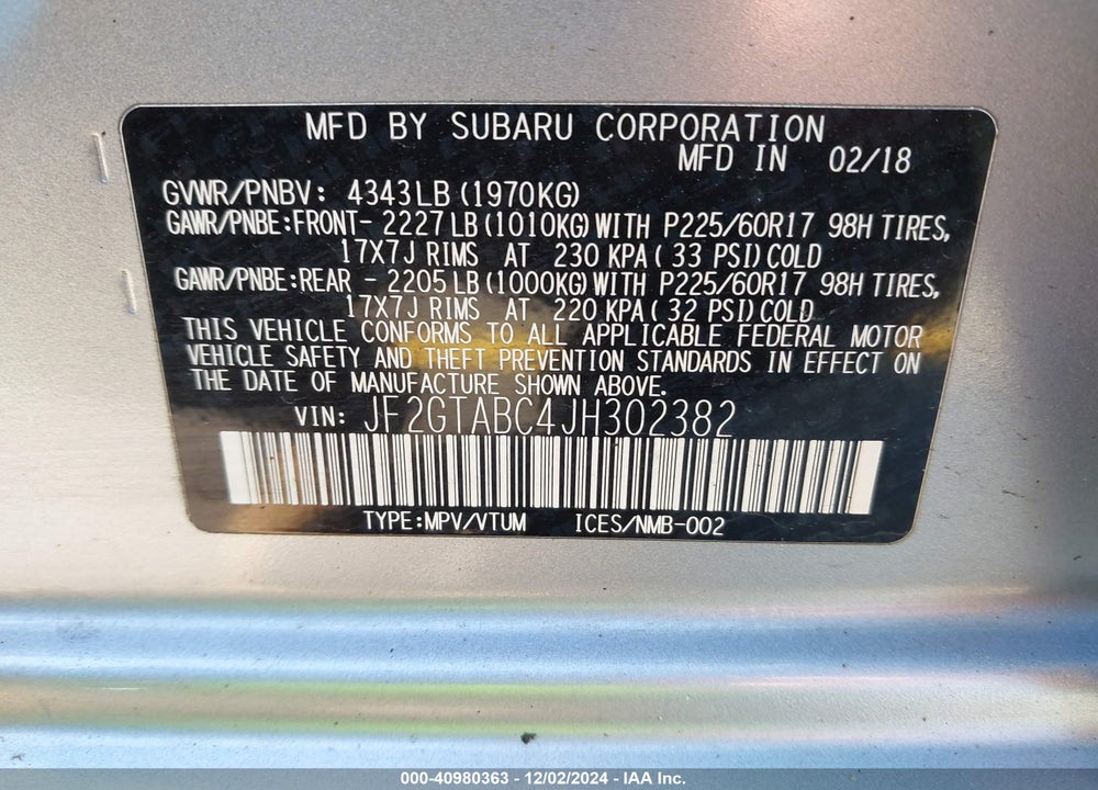 2018 SUBARU CROSSTREK 2.0I PREMIUM VIN: JF2GTABC4JH302382